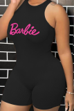 Black Sexy Print Letter O Neck Skinny Jumpsuits