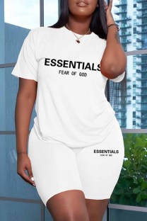 White Casual Print Letter O Neck Short Sleeve Two Pieces