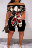 Black Red Casual Print Slit Off the Shoulder Short Sleeve Two Pieces