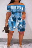 Blue Casual Print Slit Off the Shoulder Short Sleeve Two Pieces
