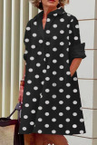 Matte Black Casual Print Polka Dot Patchwork Buckle Turndown Collar Shirt Dress Dresses
