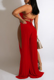 Red Sexy Solid Patchwork Slit Halter Straight Jumpsuits