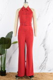 Red Elegant Solid Patchwork Buckle With Belt Turndown Collar Straight Jumpsuits