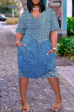 Light Blue Casual Print Patchwork Pocket V Neck Short Sleeve Dress