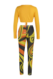 Yellow Fashion Sexy Print Bandage V Neck Long Sleeve Two Pieces