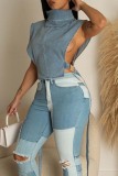 Baby Blue Casual Solid Patchwork Turtleneck Tops
