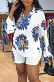 White Casual Print Patchwork Buckle Turndown Collar Long Sleeve Two Pieces