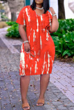 Red Casual Print Patchwork Pocket V Neck Printed Dress Plus Size Dresses