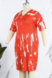 Red Casual Print Patchwork Pocket V Neck Printed Dress Plus Size Dresses