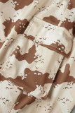 Khaki Casual Street Print Camouflage Print Patchwork Buckle Turndown Collar Short Sleeve Two Pieces