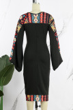 Black Brown Casual Elegant Print Patchwork O Neck One Step Skirt Dresses