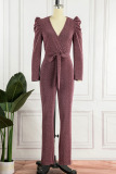 Pink Sexy Solid Bandage Patchwork V Neck Straight Jumpsuits