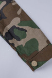 Army Green Casual Street Print Camouflage Print Patchwork Pocket Buckle Turndown Collar Outerwear(Without Belt Hat)