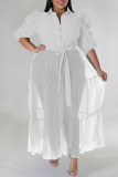 White Casual Plus Size Solid Patchwork Shirt Collar Shirt Dress