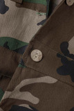 Army Green Casual Street Print Camouflage Print Patchwork Pocket Buckle Turndown Collar Outerwear(Without Belt Hat)