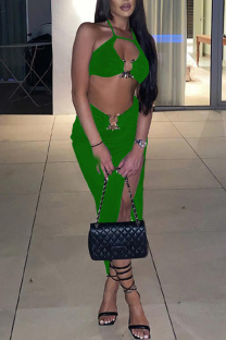 Green Fashion Sexy Solid Bandage Hollowed Out Backless Slit Halter Sleeveless Two Pieces