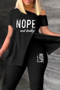 Black And White Casual Print Slit Letter O Neck Short Sleeve Two Pieces