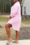 Pink Casual Solid Patchwork Turndown Collar Shirt Dress Plus Size Dresses