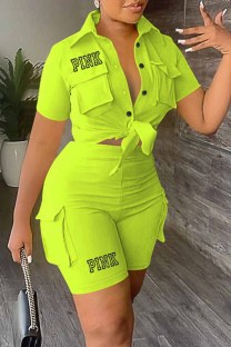 Fluorescent Green Casual Print Letter Turndown Collar Short Sleeve Two Pieces