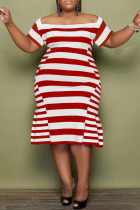 Red Casual Striped Print Patchwork Off the Shoulder Short Sleeve Dress Plus Size Dresses