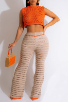Orange Sexy Solid Hollowed Out Patchwork O Neck Sleeveless Two Pieces