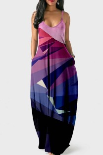 Fuchsia Sexy Casual Print Backless Spaghetti Strap Long Dress Dresses