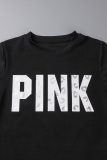 Pink Casual Sportswear Letter Print Patchwork O Neck Short Sleeve Two Pieces