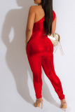 Red Street Solid Patchwork Oblique Collar Skinny Jumpsuits