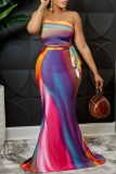 Multicolor Sexy Print Tie Dye Backless Strapless Sleeveless Two Pieces