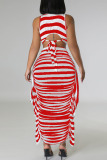 Red Casual Striped Print Patchwork Flounce O Neck Sleeveless Two Pieces