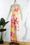 Yellow Sexy Print Patchwork Strapless Straight Jumpsuits