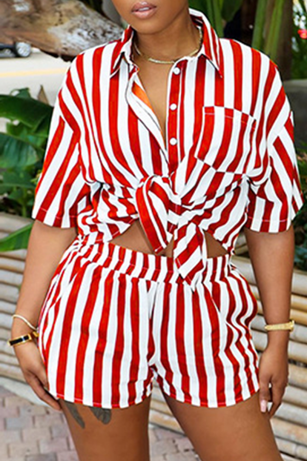 Red Casual Striped Patchwork Turndown Collar Short Sleeve Two Pieces