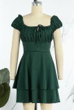 Green Sweet Solid Patchwork Frenulum Fold Square Collar A Line Dresses