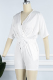 White Casual Solid Patchwork V Neck Straight Rompers