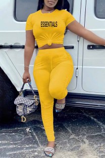 Yellow Casual Print Fold Letter O Neck Short Sleeve Two Pieces