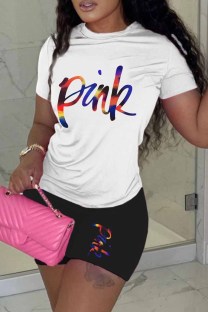Black Casual Print Letter O Neck Short Sleeve Two Pieces