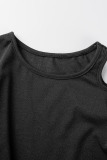 Grey Casual Solid Hollowed Out Patchwork Draw String O Neck T-Shirts