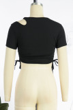 Black Casual Solid Hollowed Out Patchwork Draw String O Neck T-Shirts