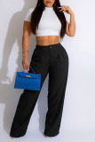 Blue Casual Solid Patchwork High Waist Straight Solid Color Bottoms