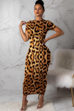 Leopard print Chemical fiber blend Sexy Cap Sleeve Short Sleeves O neck Step Skirt Ankle-Length Print 