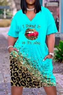 Golden Red Casual Print Patchwork V Neck Short Sleeve Dress