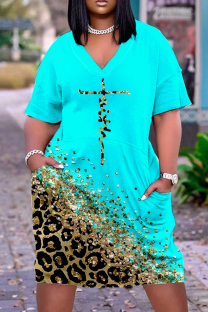 Cyan Casual Print Patchwork V Neck Short Sleeve Dress