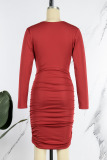 Red Sexy Solid Patchwork V Neck Pencil Skirt Dresses