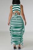 Green Casual Striped Print Patchwork Flounce O Neck Sleeveless Two Pieces