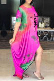 Rose Red Casual Print Tie-dye O Neck Short Sleeve Dress
