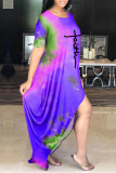 Purple Casual Print Tie-dye O Neck Short Sleeve Dress