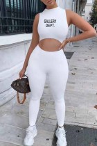 White Casual Street Print Hollowed Out Letter O Neck Jumpsuits