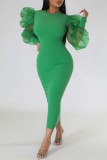Green Fashion Casual Solid Patchwork O Neck Long Sleeve Dresses
