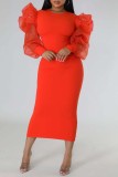 Watermelon Red Fashion Casual Solid Patchwork O Neck Long Sleeve Dresses