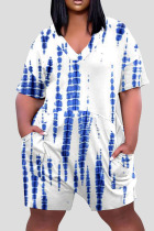 Blue White Casual Print Patchwork V Neck Loose Rompers